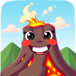 A whimsical volcano character with a vibrant, colorful design, featuring large, cartoonish eyes and a wide, cheerful mouth