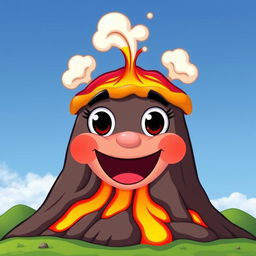 A whimsical volcano character with a vibrant, colorful design, featuring large, cartoonish eyes and a wide, cheerful mouth