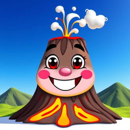 A whimsical volcano character with a vibrant, colorful design, featuring large, cartoonish eyes and a wide, cheerful mouth