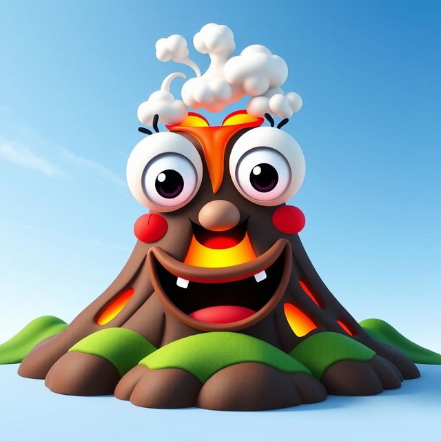 A whimsical volcano character with a vibrant, colorful design, featuring large, cartoonish eyes and a wide, cheerful mouth