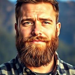 A close-up portrait of a rugged, handsome man with a thick, well-groomed beard