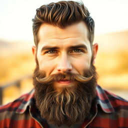 A close-up portrait of a rugged, handsome man with a thick, well-groomed beard