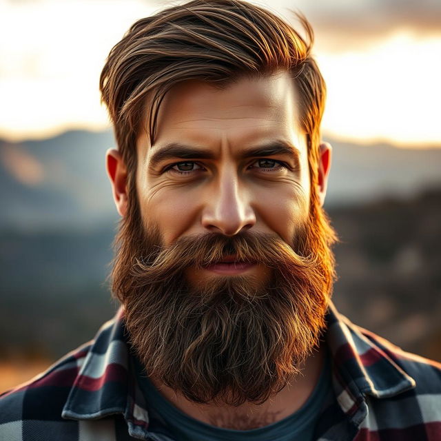 A close-up portrait of a rugged, handsome man with a thick, well-groomed beard