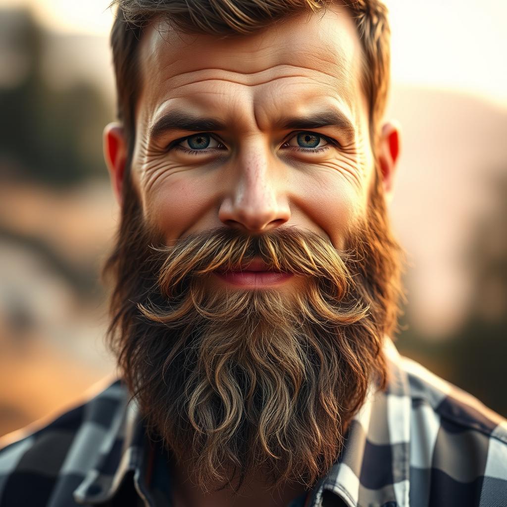 A close-up portrait of a rugged, handsome man with a thick, well-groomed beard