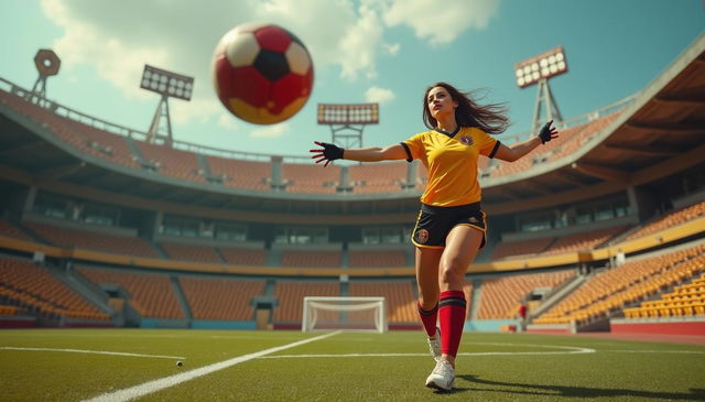 A voluptuous 25-year-old German woman with large breasts, wearing a steampunk-inspired German football uniform, passionately plays in a retro 1970s-style football stadium