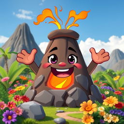 A playful cartoon volcano character designed as a 'boy', featuring large, cheerful eyes and a wide, friendly mouth
