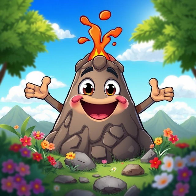 A playful cartoon volcano character designed as a 'boy', featuring large, cheerful eyes and a wide, friendly mouth