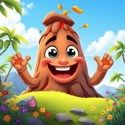 A playful cartoon volcano character designed as a 'boy', featuring large, cheerful eyes and a wide, friendly mouth