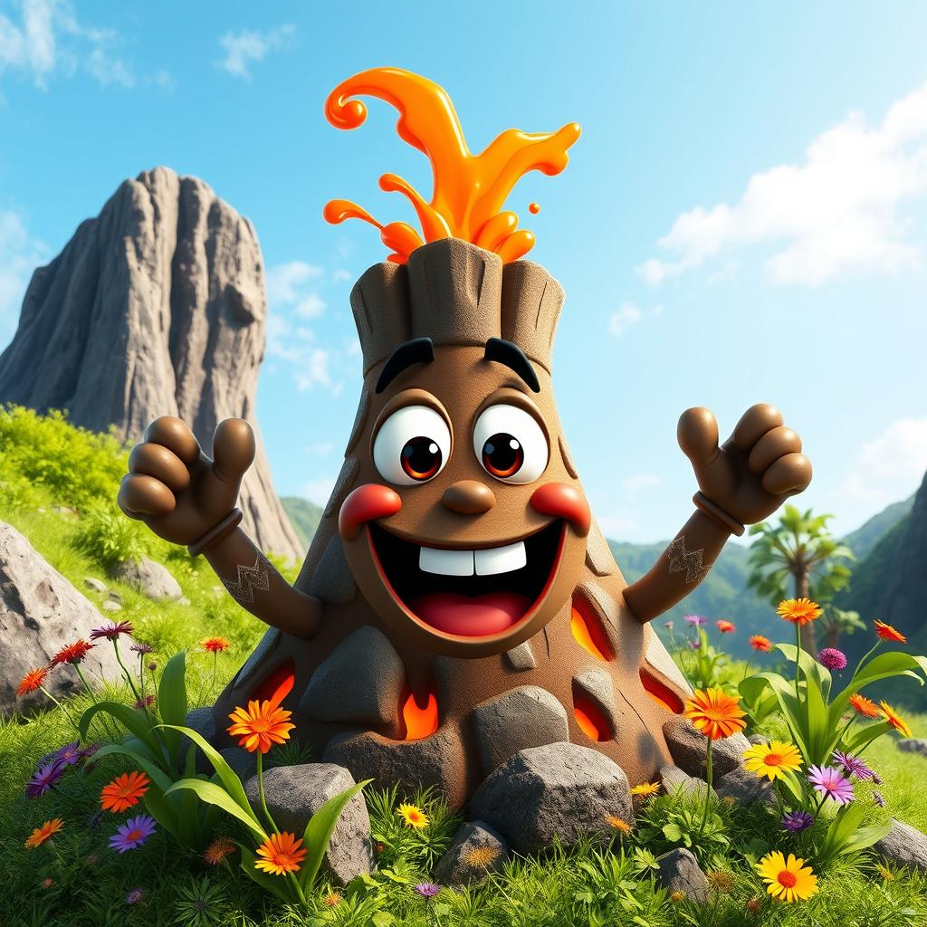 A playful cartoon volcano character designed as a 'boy', featuring large, cheerful eyes and a wide, friendly mouth