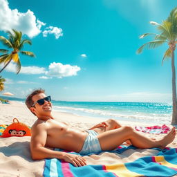 A serene beach scene featuring a person lounging on a soft, sandy beach under a bright blue sky with a few fluffy clouds