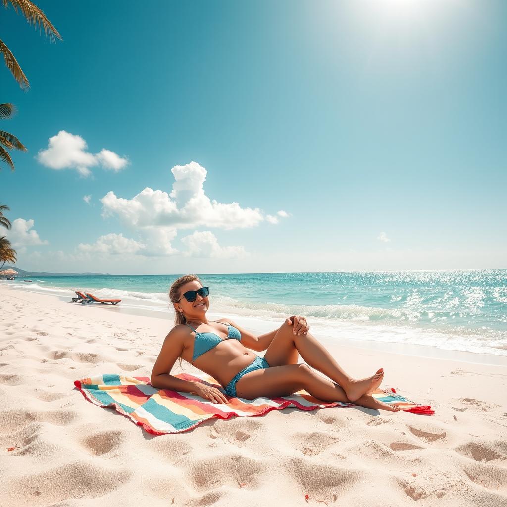 A serene beach scene featuring a person lounging on a soft, sandy beach under a bright blue sky with a few fluffy clouds