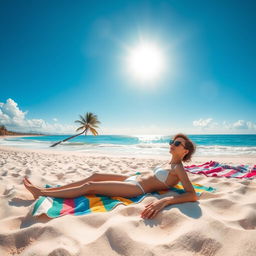 A serene beach scene featuring a person lounging on a soft, sandy beach under a bright blue sky with a few fluffy clouds