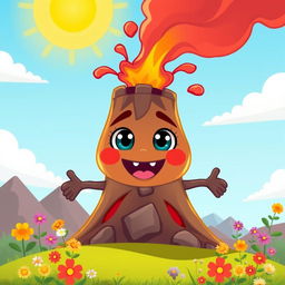 A cartoonish volcano character designed as a 'boy', featuring large, playful eyes and a wide, smiling mouth