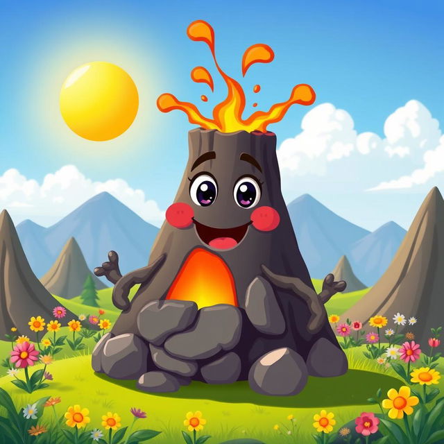 A cartoonish volcano character designed as a 'boy', featuring large, playful eyes and a wide, smiling mouth