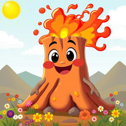 A cartoonish volcano character designed as a 'boy', featuring large, playful eyes and a wide, smiling mouth