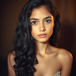 A portrait of an Arab girl with a tall, slender figure, characterized by a thin face and a long nose
