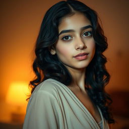 A portrait of an Arab girl with a tall, slender figure, characterized by a thin face and a long nose