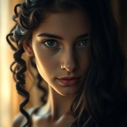 A portrait of an Arab girl, tall and slender, with a thin face and a long nose