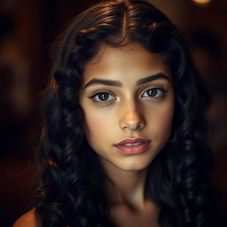 A portrait of an Arab girl, tall and slender, with a thin face and a long nose