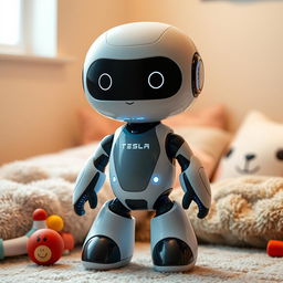 A soft toy designed to resemble a futuristic Tesla robot, featuring a humanoid design with smooth, rounded edges and friendly facial features