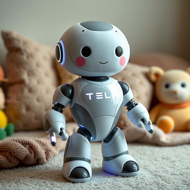 A soft toy designed to resemble a futuristic Tesla robot, featuring a humanoid design with smooth, rounded edges and friendly facial features