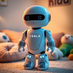 A soft toy designed to resemble a futuristic Tesla robot, featuring a humanoid design with smooth, rounded edges and friendly facial features