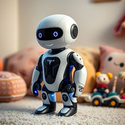 A soft toy designed to resemble a futuristic Tesla robot, featuring a humanoid design with smooth, rounded edges and friendly facial features