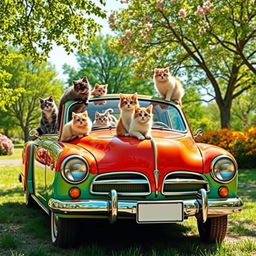 A whimsical scene featuring a colorful vintage car parked in a sunny park