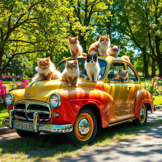 A whimsical scene featuring a colorful vintage car parked in a sunny park