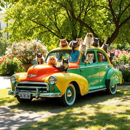 A whimsical scene featuring a colorful vintage car parked in a sunny park