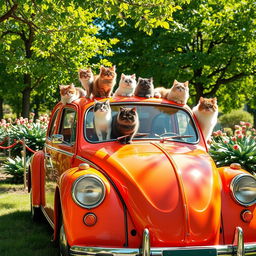 A whimsical scene featuring a colorful vintage car parked in a sunny park