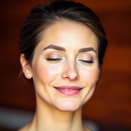 A close-up portrait of a woman with her hair styled in a sleek bun