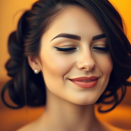 A close-up portrait of a woman with her hair styled in a sleek bun