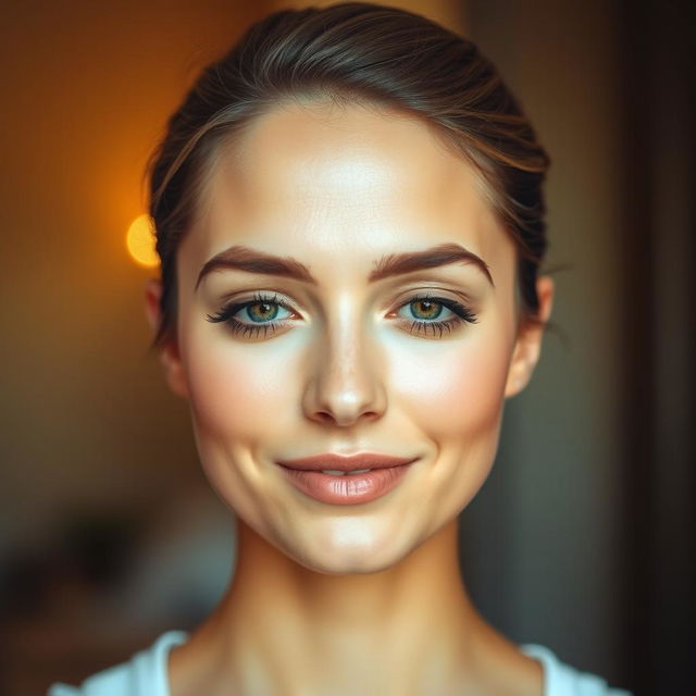 A close-up portrait of a woman with her hair styled in a sleek bun