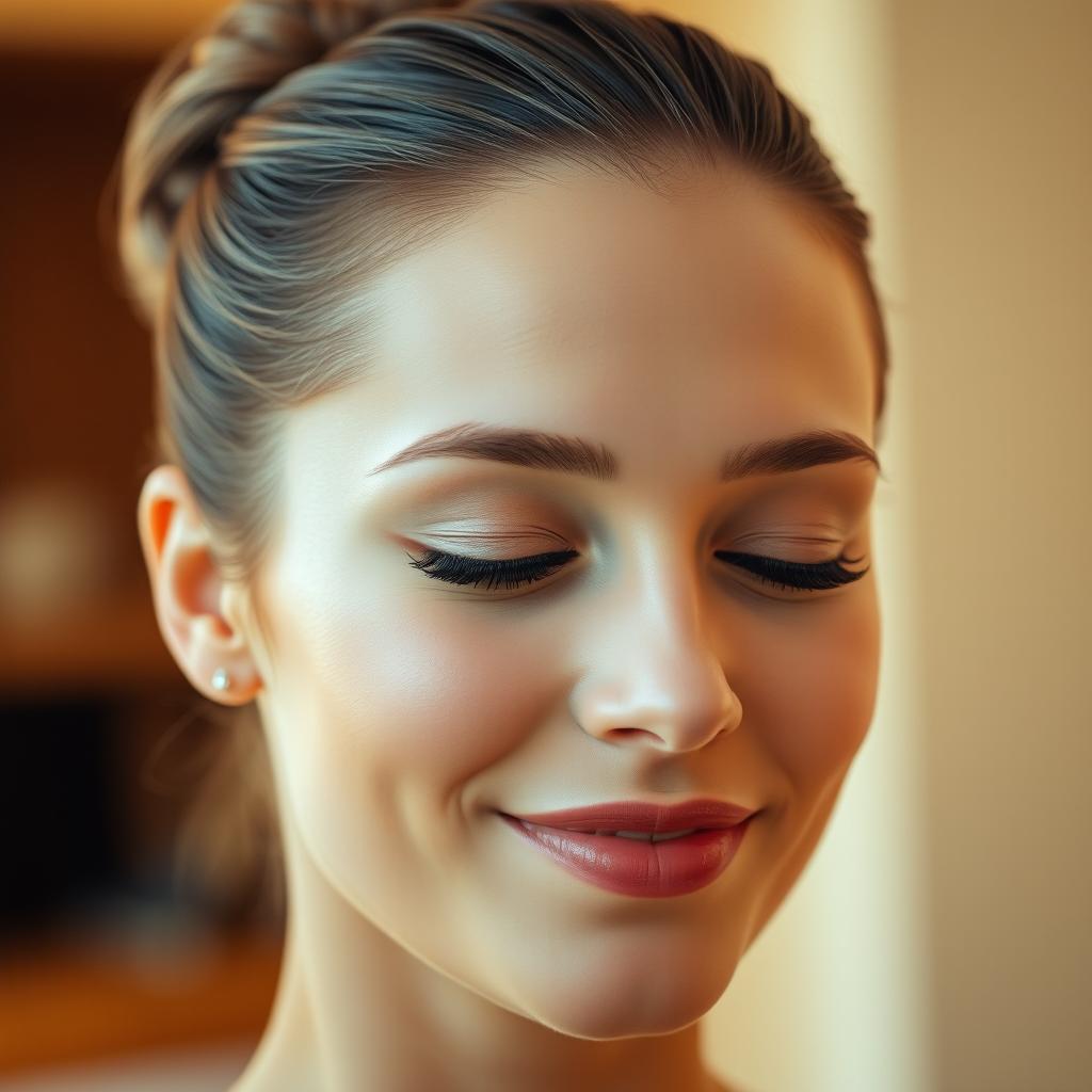 A close-up portrait of a woman with her hair styled in a sleek bun