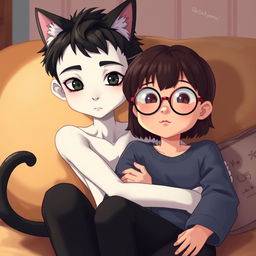 An almost thin boy with black hair and black eyes, and white skin, featuring cute cat ears and a tail