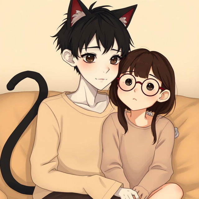 An almost thin boy with black hair and black eyes, and white skin, featuring cute cat ears and a tail