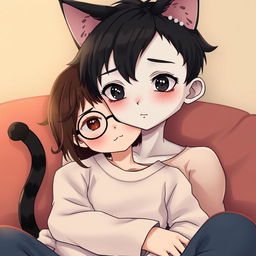 An almost thin boy with black hair and black eyes, and white skin, featuring cute cat ears and a tail