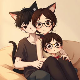 An almost thin boy with black hair and black eyes, and white skin, featuring cute cat ears and a tail