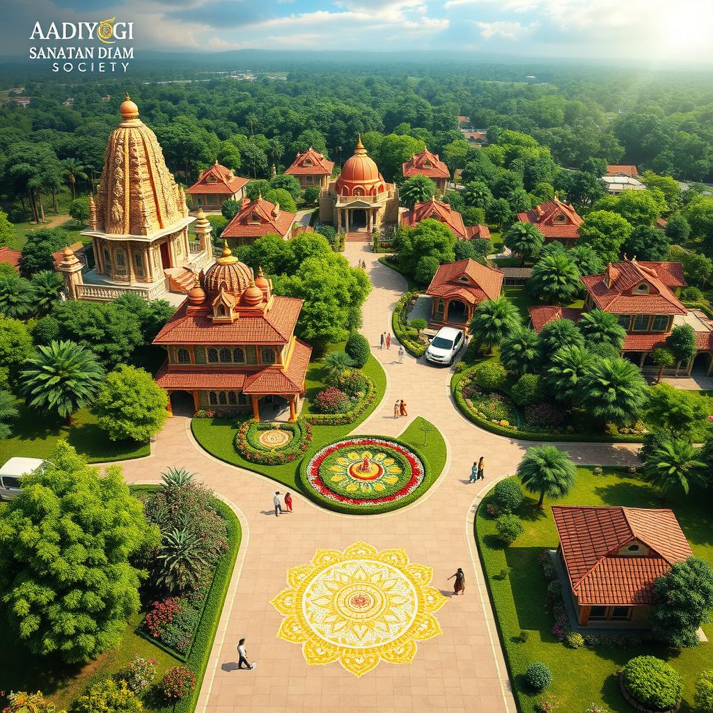 A visionary township design inspired by Sanatan Hindu culture, depicting a spiritual residential community named AadiYogi Sanatan Dham Society