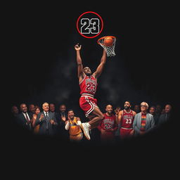 An epic illustration of Michael Jordan's final dunk with a black background, featuring legendary basketball icons lined up cheering him on