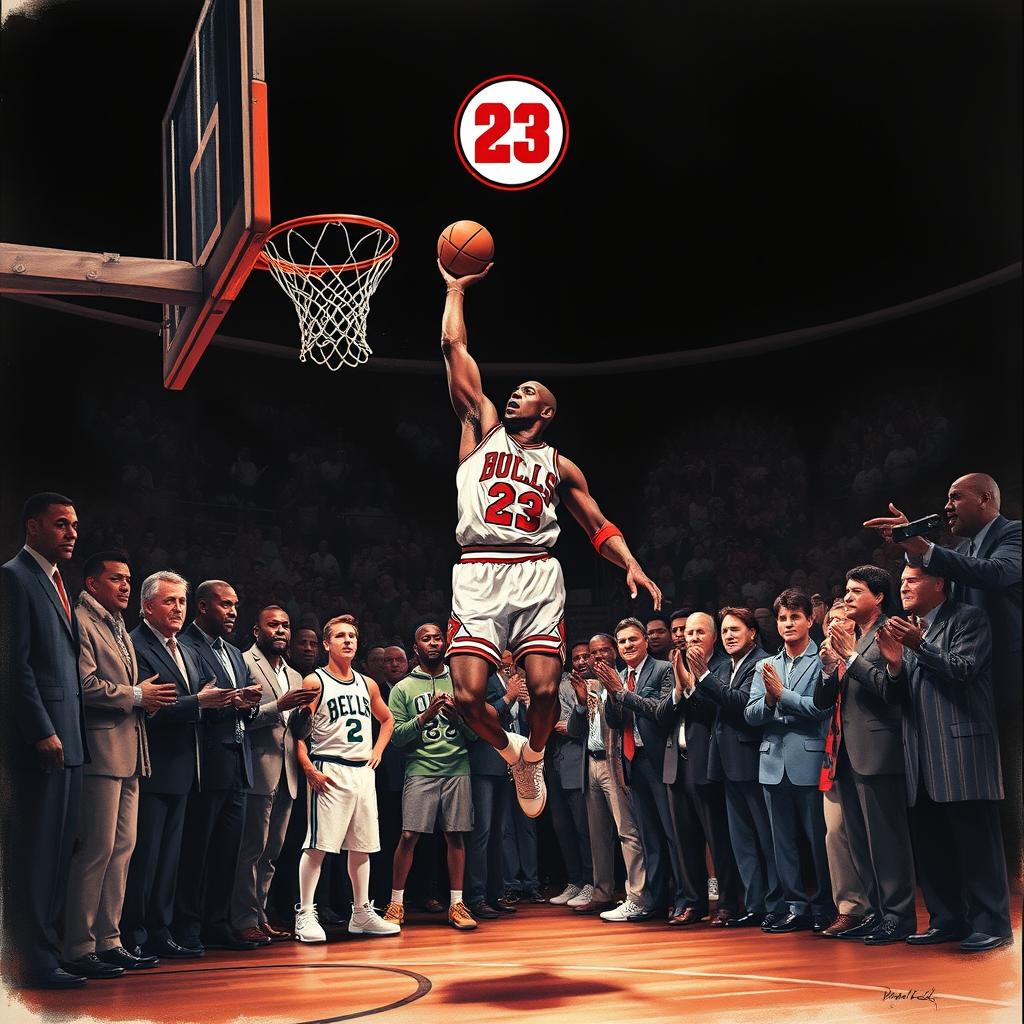 An epic illustration of Michael Jordan's final dunk with a black background, featuring legendary basketball icons lined up cheering him on