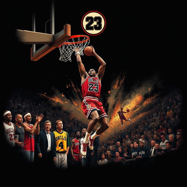 An epic illustration of Michael Jordan's final dunk with a black background, featuring legendary basketball icons lined up cheering him on