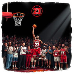 An epic illustration of Michael Jordan's final dunk with a black background, featuring legendary basketball icons lined up cheering him on