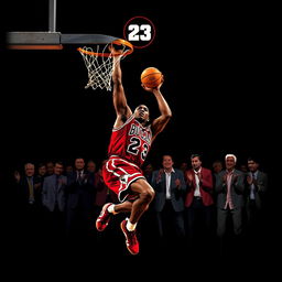 An epic illustration of Michael Jordan's final dunk, wearing the iconic red Chicago Bulls jersey, with a black background