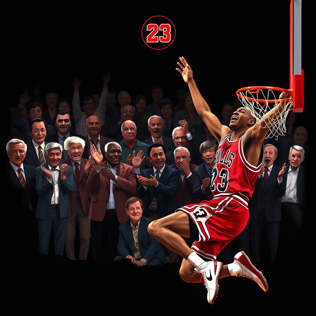 An epic illustration of Michael Jordan's final dunk, wearing the iconic red Chicago Bulls jersey, with a black background