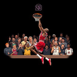 An epic illustration of Michael Jordan's final dunk, wearing the iconic red Chicago Bulls jersey, with a black background