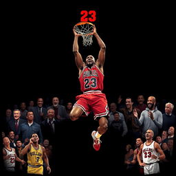 An epic illustration of Michael Jordan's final dunk, wearing the iconic red Chicago Bulls jersey, with a black background