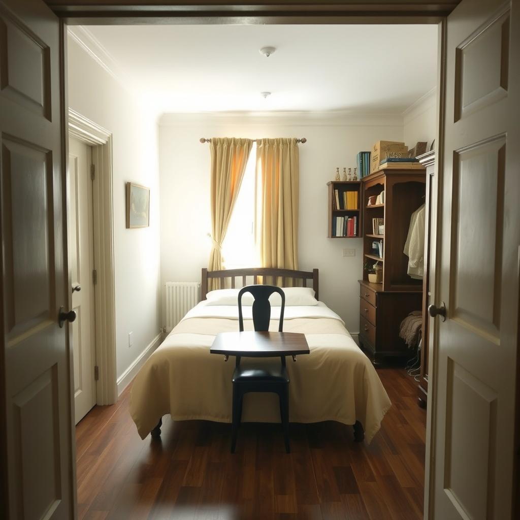 A traditional style room viewed from the door, featuring a window with open curtains opposite the entrance