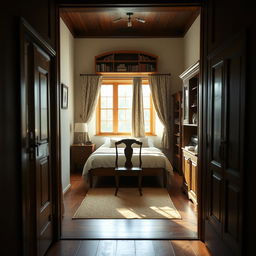 A traditional style room viewed from the door, featuring a window with open curtains opposite the entrance